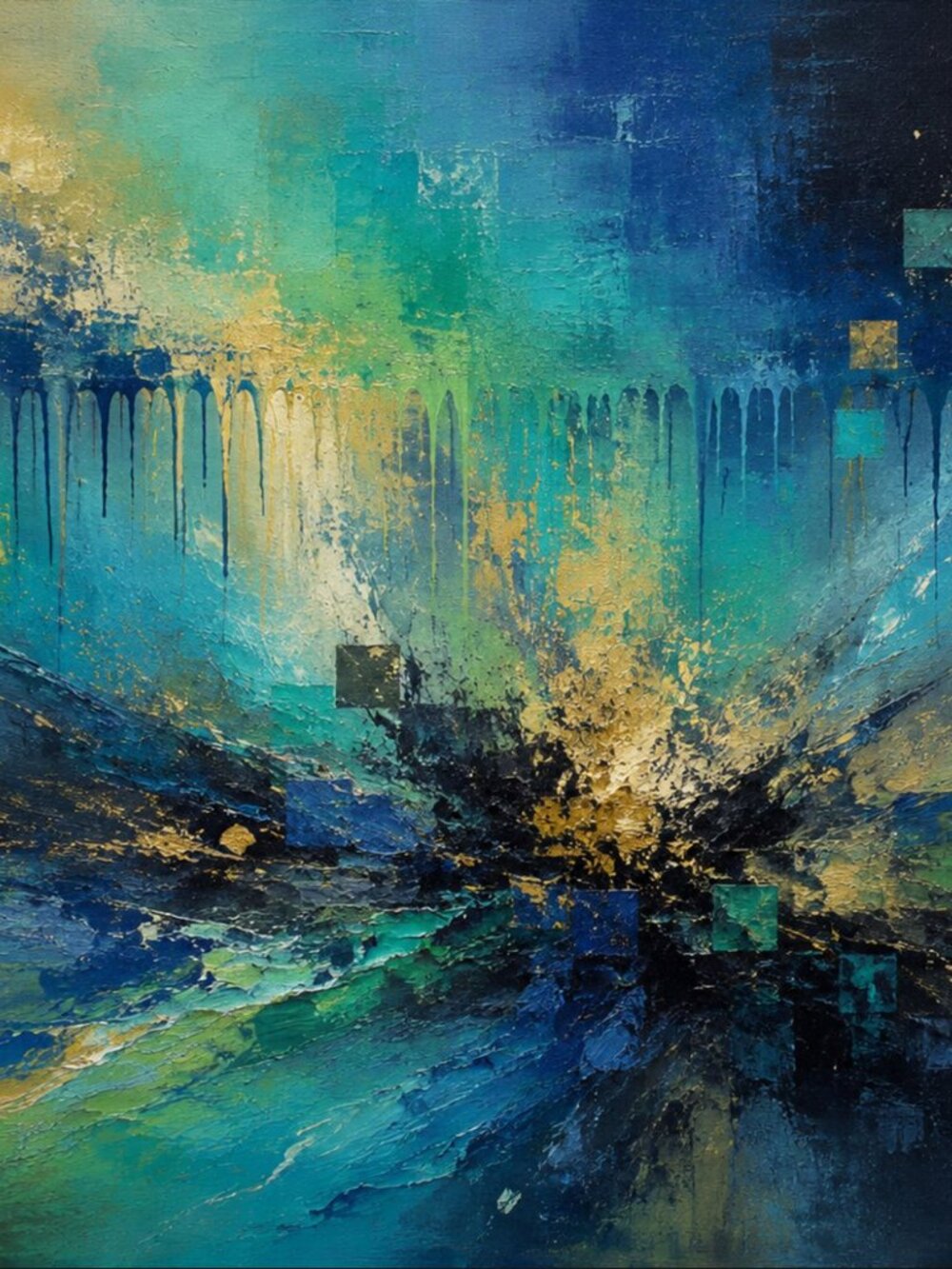 Luminous Abyss Teal & Gold Abstract Wall Art Print 24x36